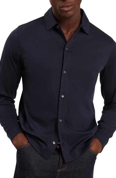 Quillon Navy Knit Cotton Button-Up Shirt