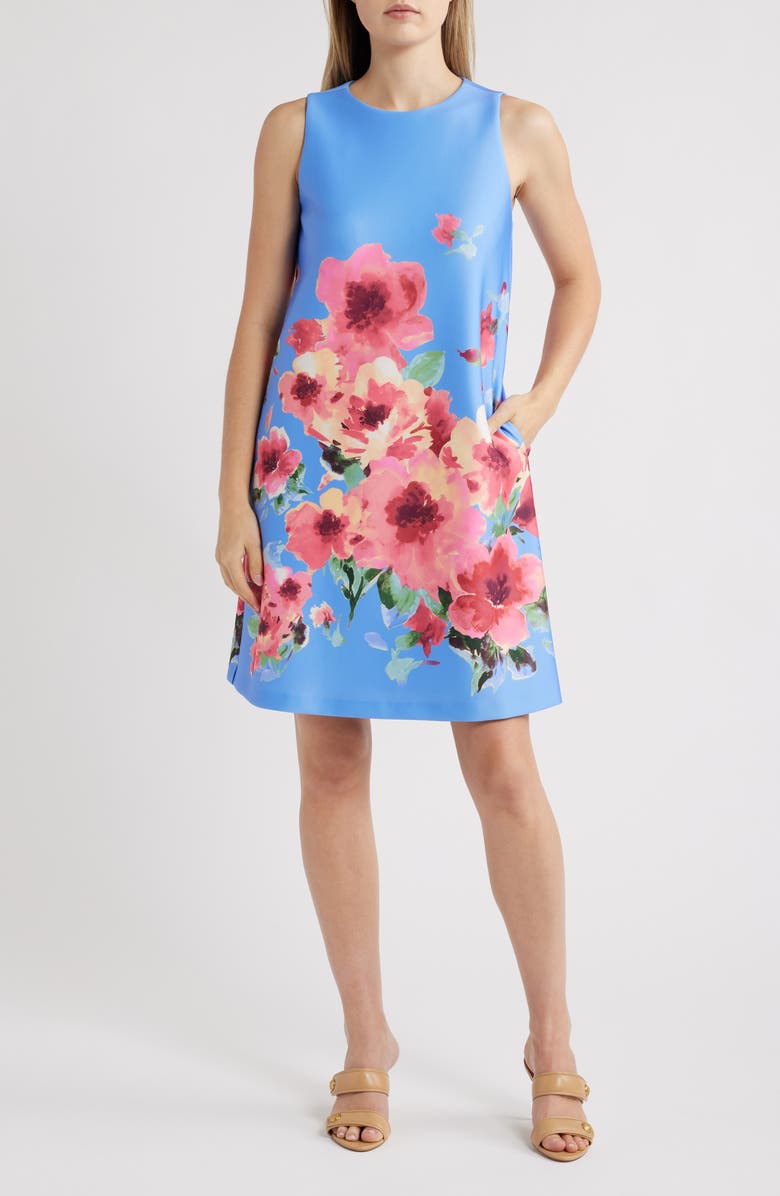 Anne Klein Sleeveless Shift Dress, Main, color, Azurine Multi