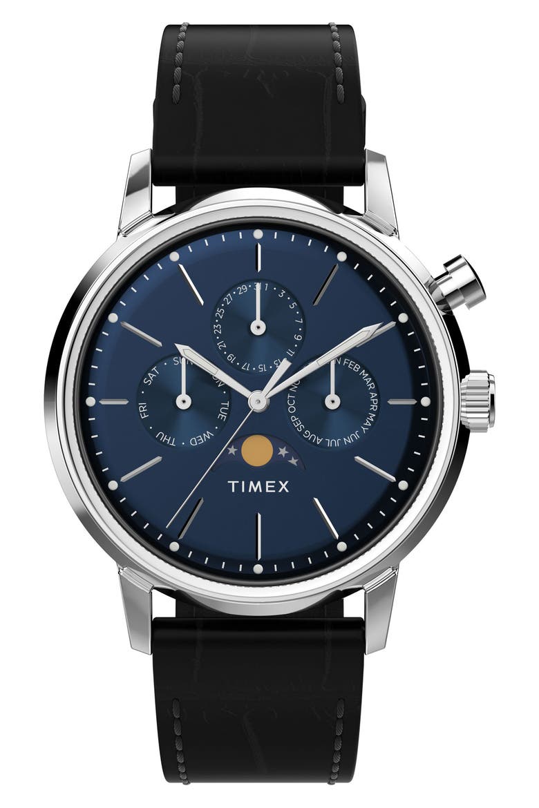 Marlin Moon Phase Leather Strap Watch, 40mm, Main, color, BLACK