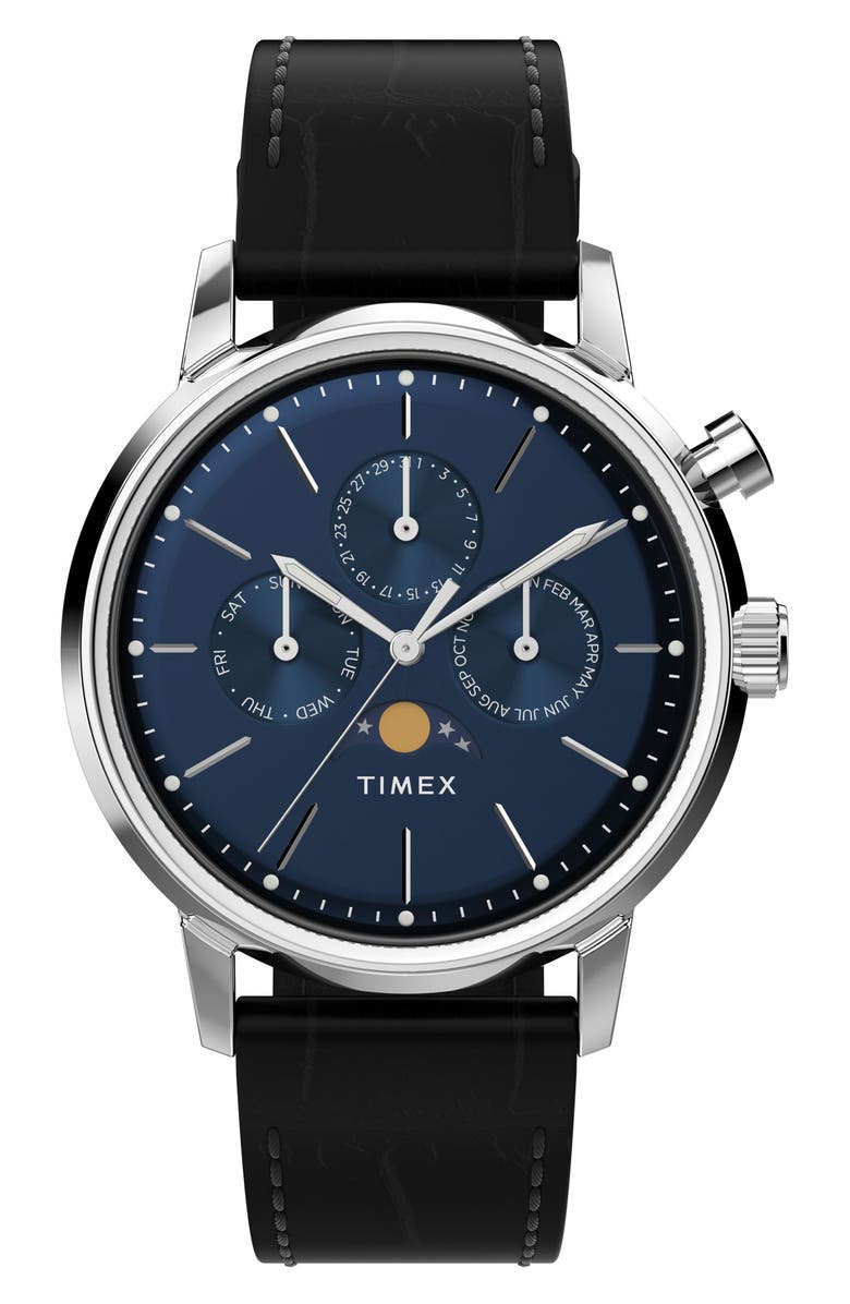 Timex<sup>®</sup> Marlin Moon Phase Leather Strap Watch, 40mm, Main, color,