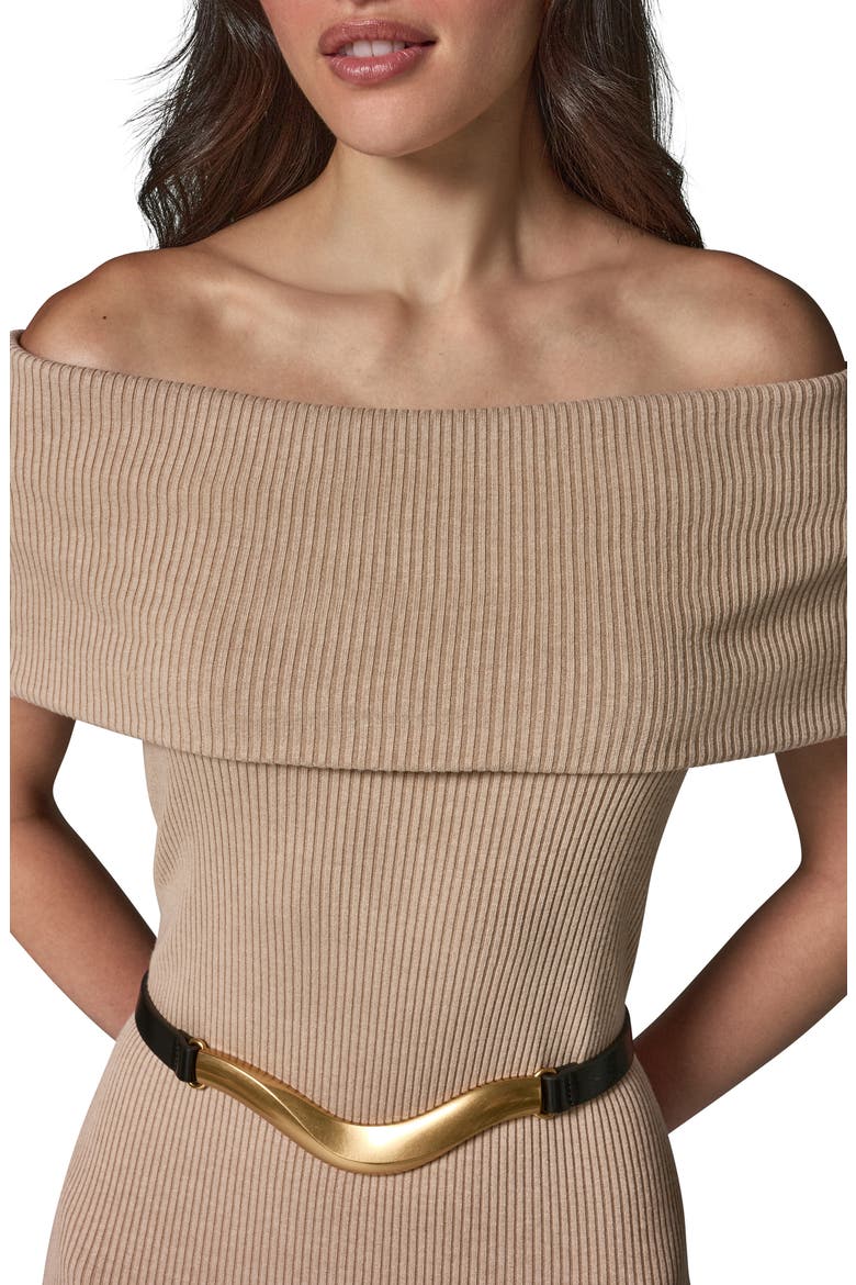 Off the Shoulder Rib Dress, Alternate, color, CAMEL