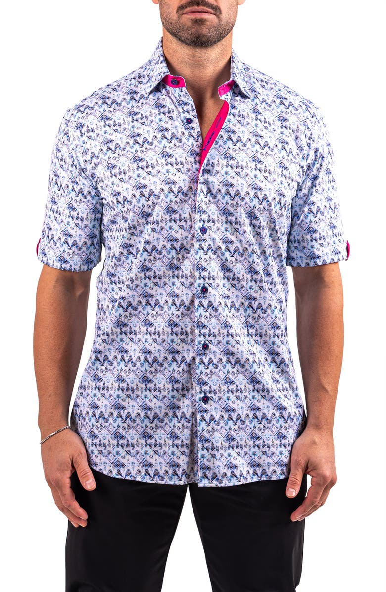 Maceoo Galileo Resistance Geo Print Short Sleeve Button-Up Shirt, Main, color,