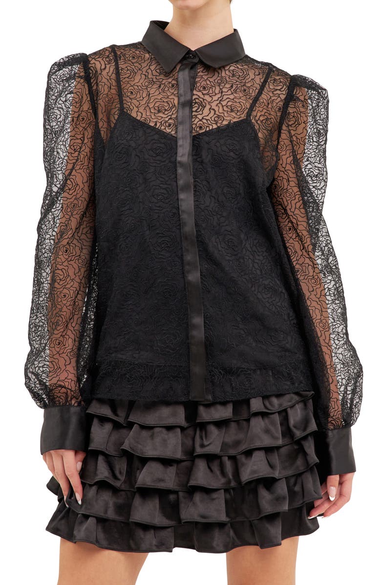 Endless Rose Embroidered Mesh Sheer Button Front Long Sleeve Blouse, Alternate, color,