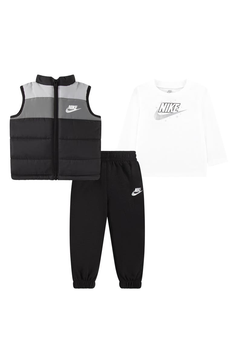 Nike Colorblock Puffer Vest, Long Sleeve Tee & Joggers Set, Main, color, 023Black