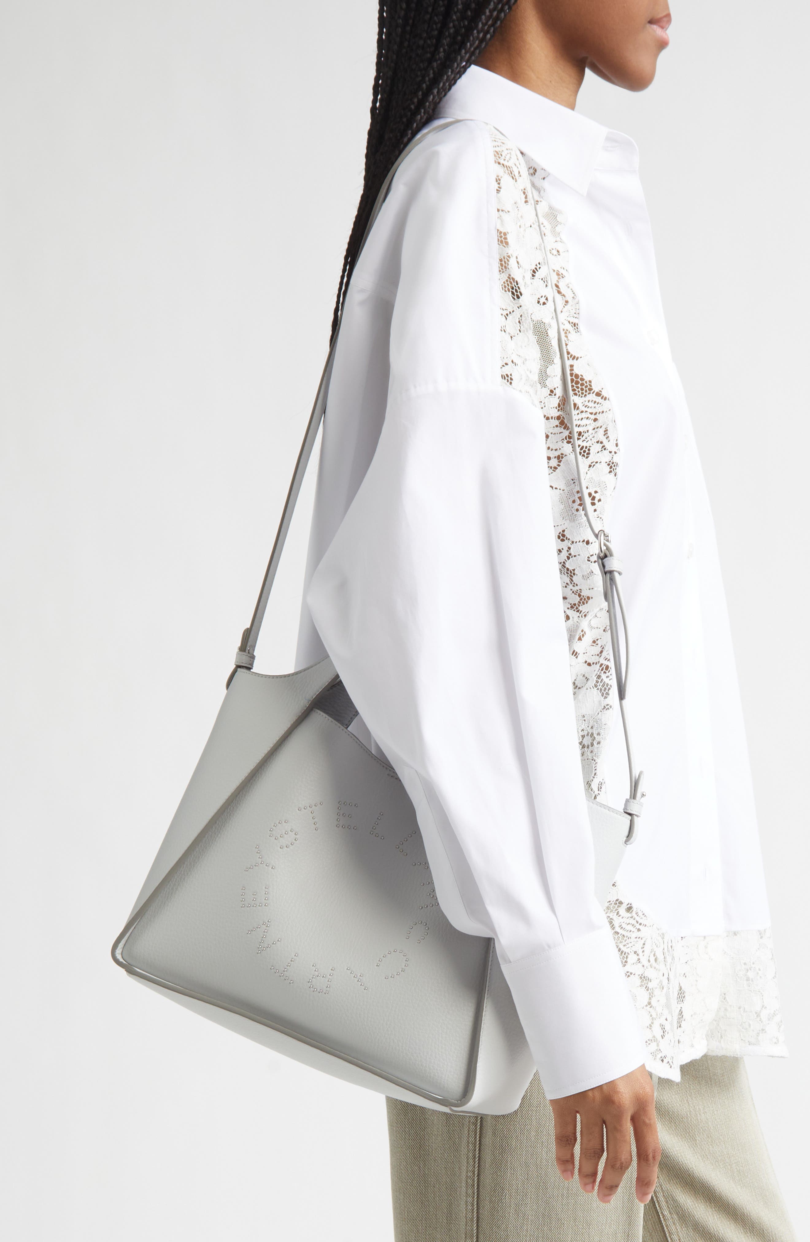 Stella McCartney Perforated Logo Faux Leather Crossbody Tote, Alternate, color, Pearl Grey