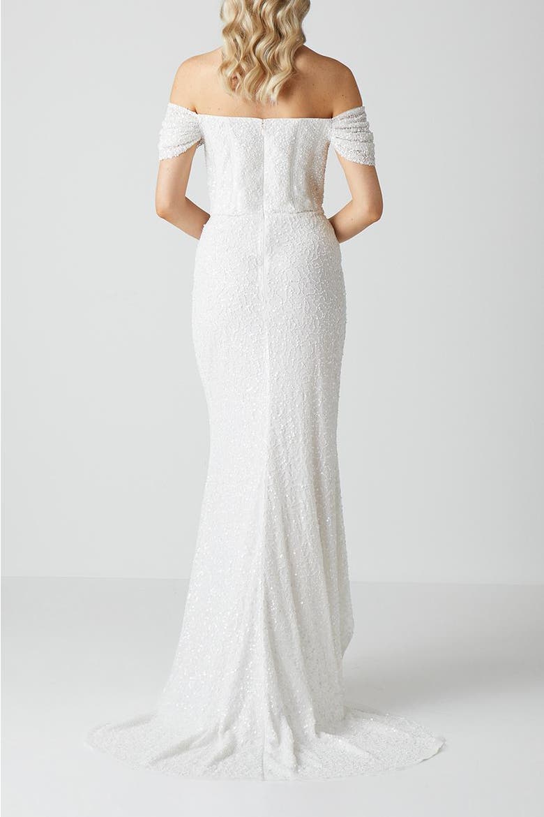 Sequin Bardot  Wrap Skirt Wedding Dress, Alternate, color, Ivory