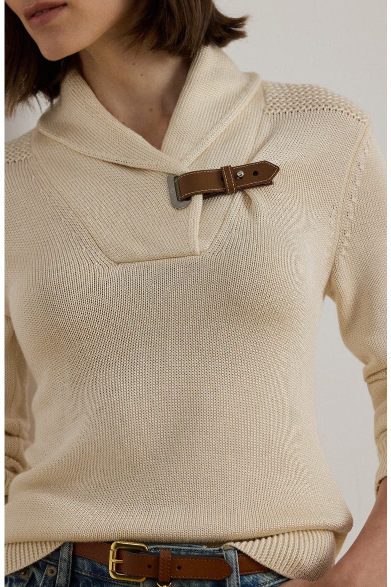 Buckle Shawl Collar Cotton Blend Sweater, Alternate, color, MASCARPONE CREAM