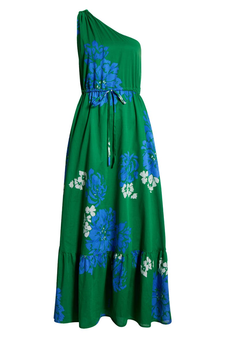 Hemmi Floral Print Tie Waist One-Shoulder Maxi Dress, Alternate, color, GREEN-BLUE-WHITE