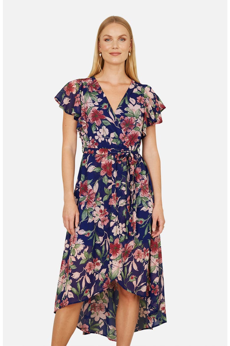 Floral Wrap Midi Dress With Frill Hem, Alternate, color, Blue