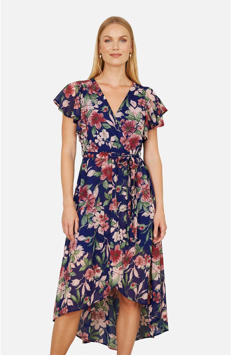 Yumi Floral Wrap Midi Dress With Frill Hem, Alternate, color, Blue