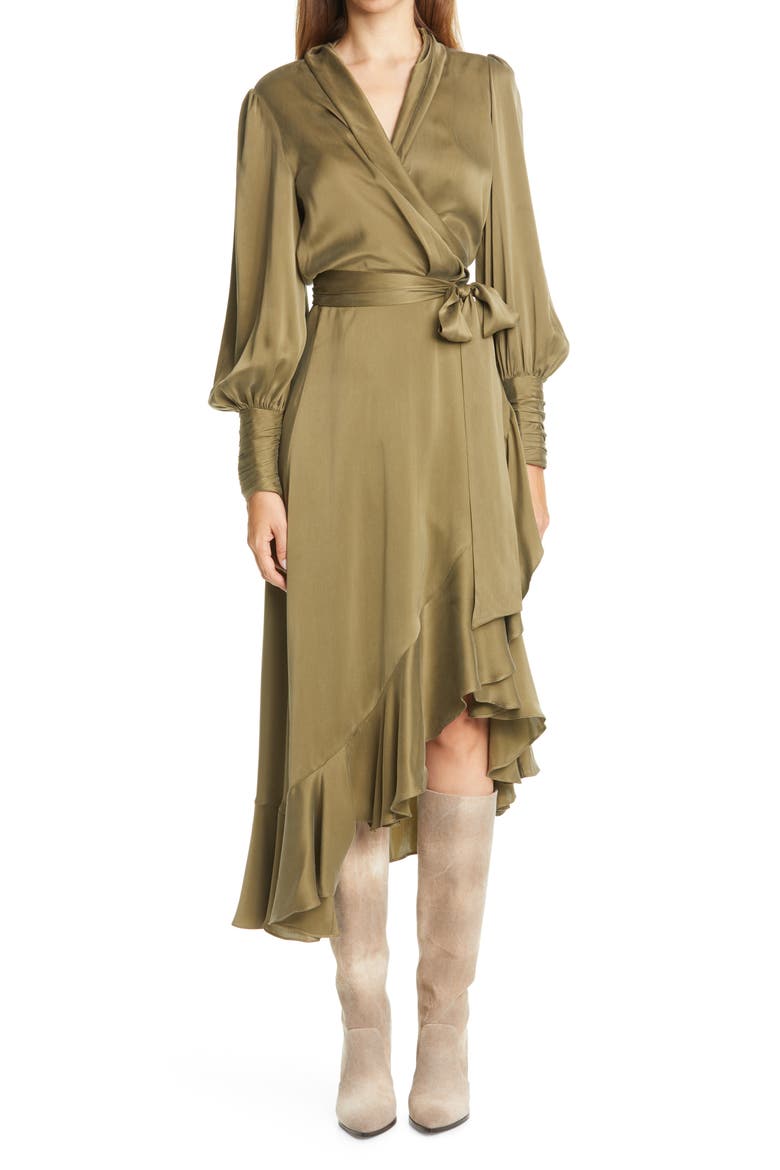 Long Sleeve Silk Satin Wrap Dress, Main, color, FENNEL