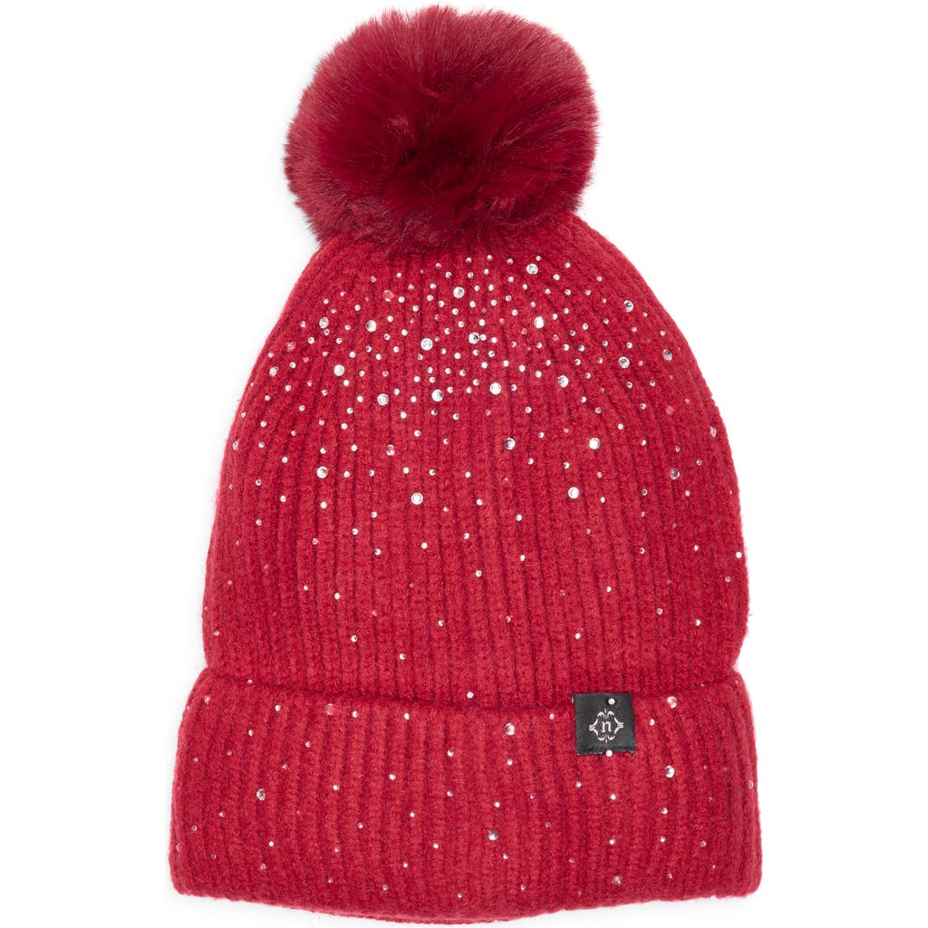 Nanette Lepore Scattered Rhinestone Beanie With Faux Fur Pompom In Red