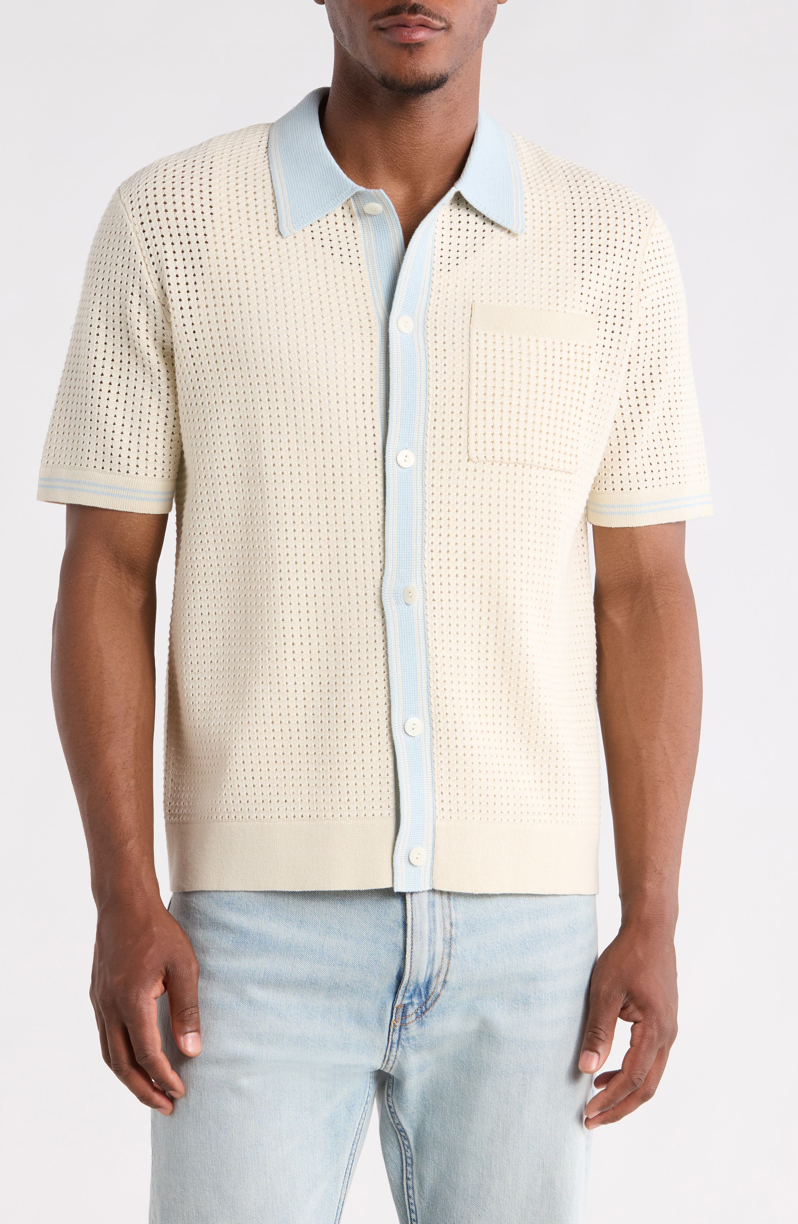 Wax London Belle Tipped Pointelle Stitch Short Sleeve Button-Up