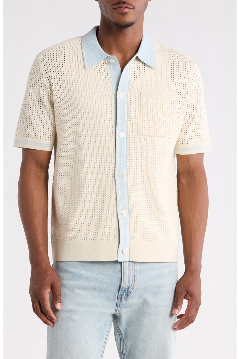 Belle Tipped Pointelle Stitch Short Sleeve Button-Up Shirt, Alternate, color, ECRU / PALE BLUE