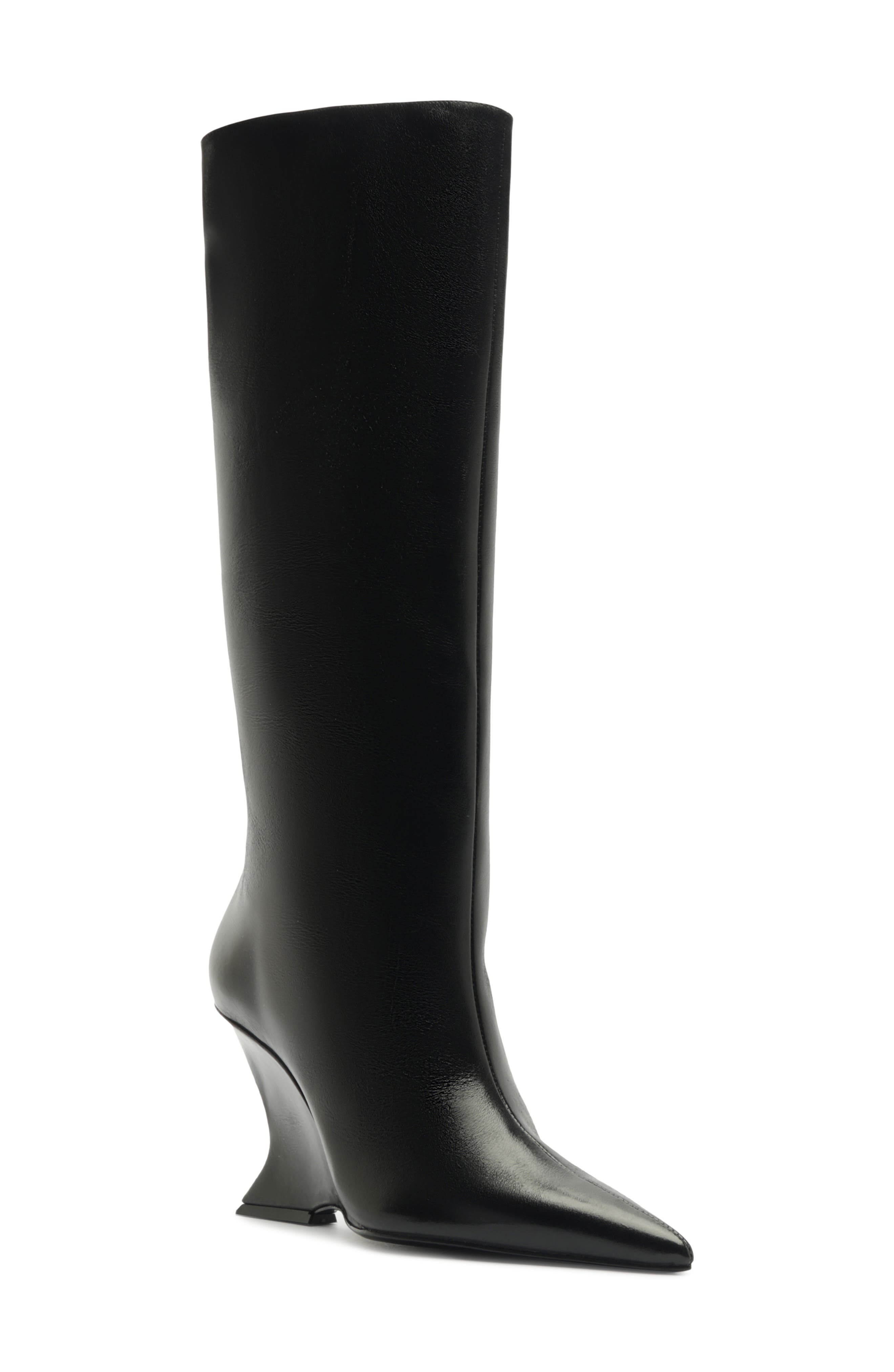 Siena Pointed Toe Knee High Wedge Boot, Main, color, BLACK PATENT