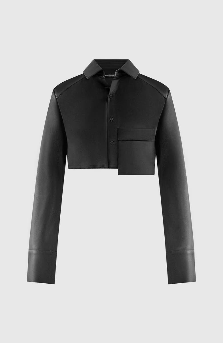 Manière De Voir Bernadette Leather Contrast Cropped Shirt, Alternate, color, Black