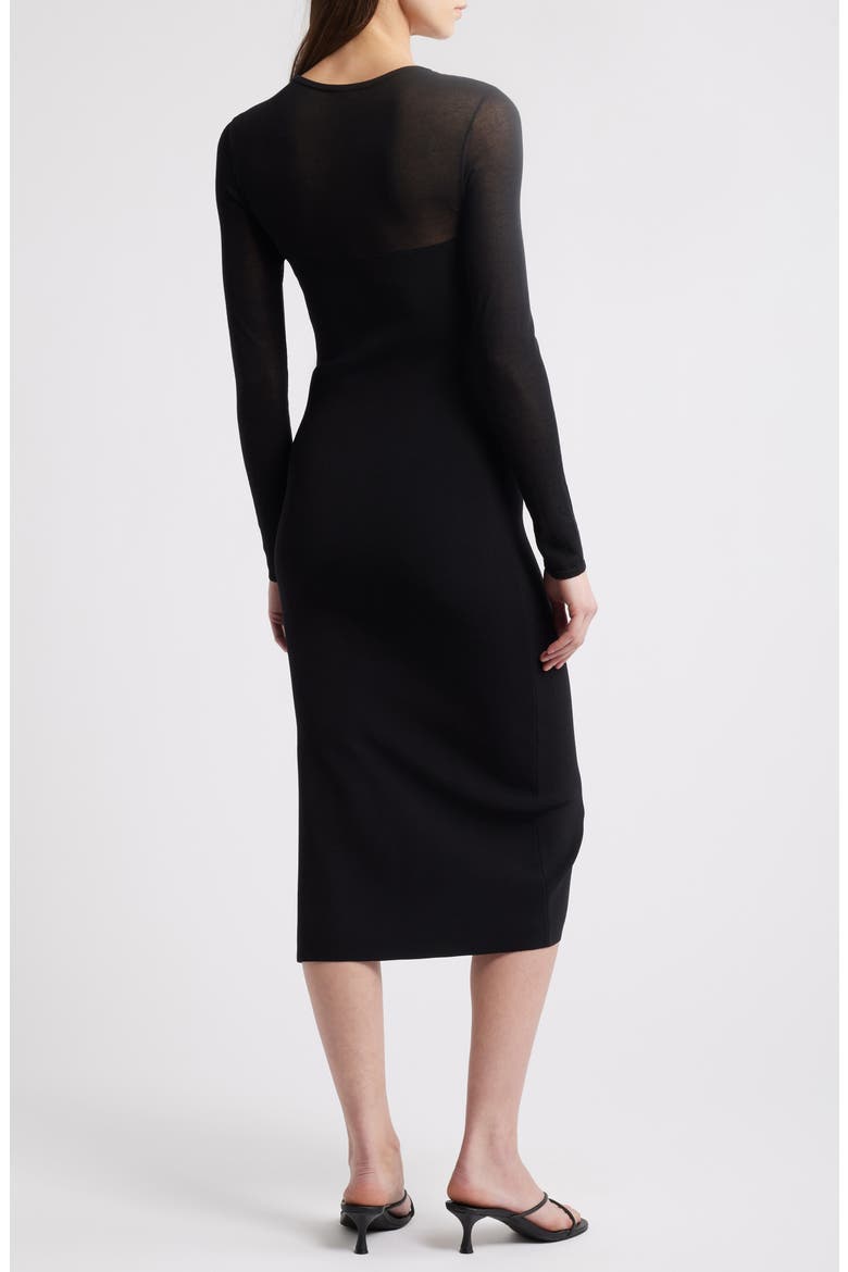 Luz Sheer Yoke & Long Sleeve Midi Dress, Alternate, color, BLACK