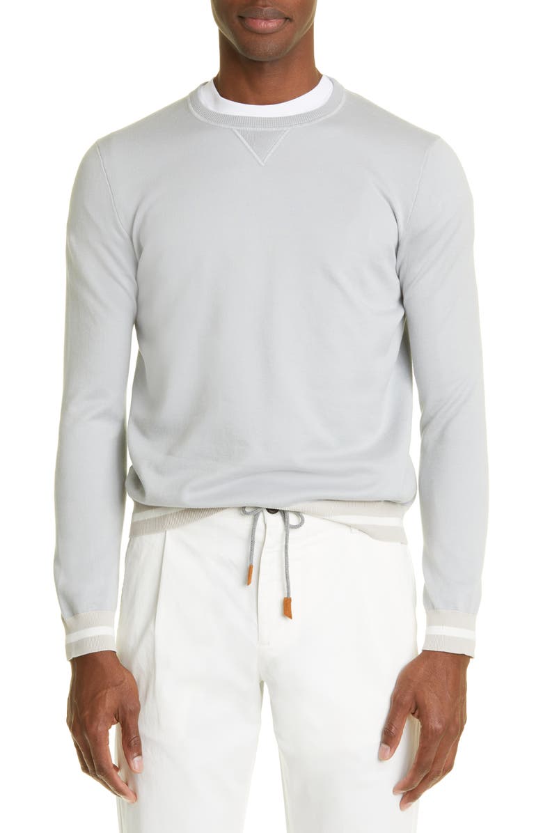 Eleventy Sea Island Cotton Crewneck Sweater, Main, color, Light Blue - Sand - White