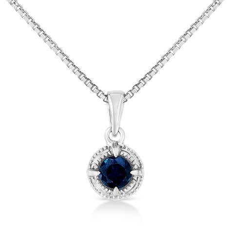 Silver 3/4 Cttw Treated Blue Diamond Solitaire 18" Milgrain Pendant Necklace