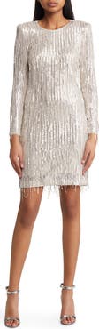 Eliza J Sequin Fringed Long Sleeve Cocktail Dress