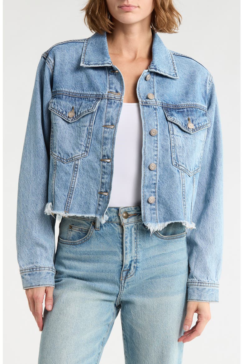 Fray Hem Crop Denim Trucker Jacket, Main, color, LIGHT WASH
