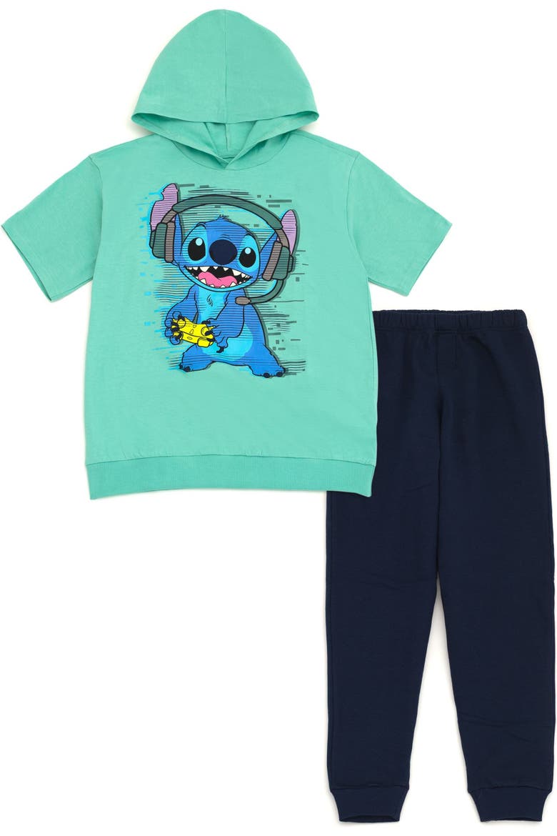 Lilo & Stitch 2-Piece Hooded Tee and Fleece Pants Set, Main, color, Mint Navy Stitch