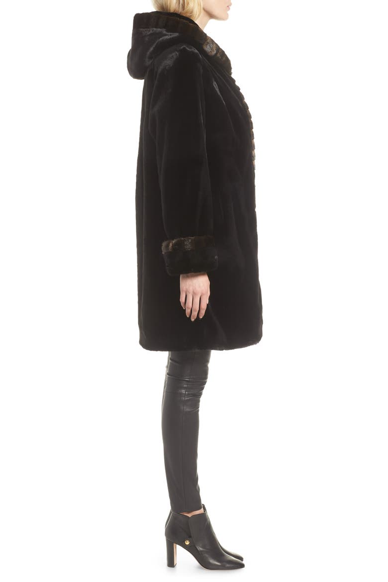 Hooded Faux Fur Walking Coat, Alternate, color, BLACK