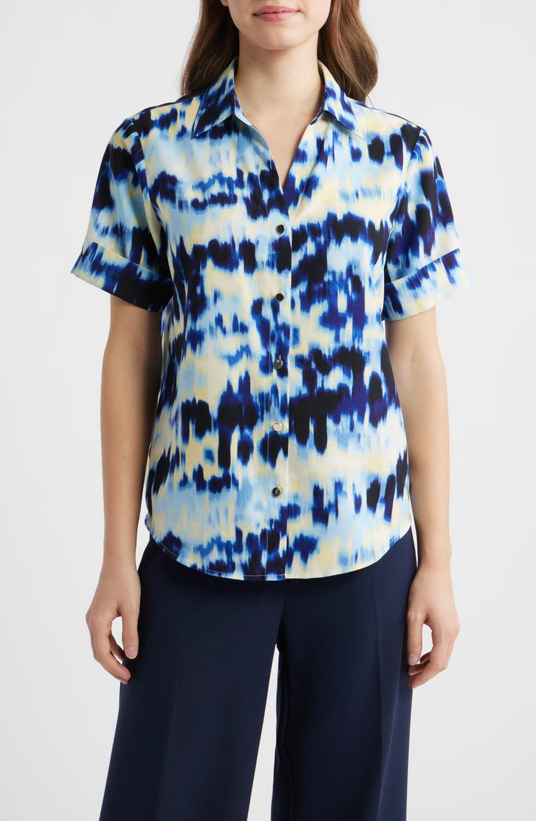 AK ANNE KLEIN Crepe Button-Up Shirt, Main, color, Lakeshore Multi