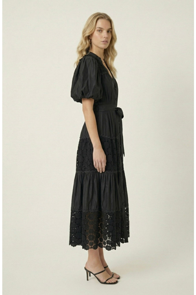 V-Neck Lace Paneling Midi Dress, Alternate, color, Black