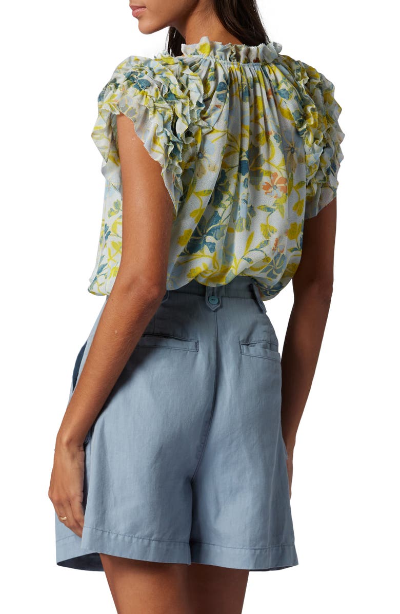 Joie Tezza Floral Split Neck Ruffle Sleeve Silk Blouse, Alternate, color, 