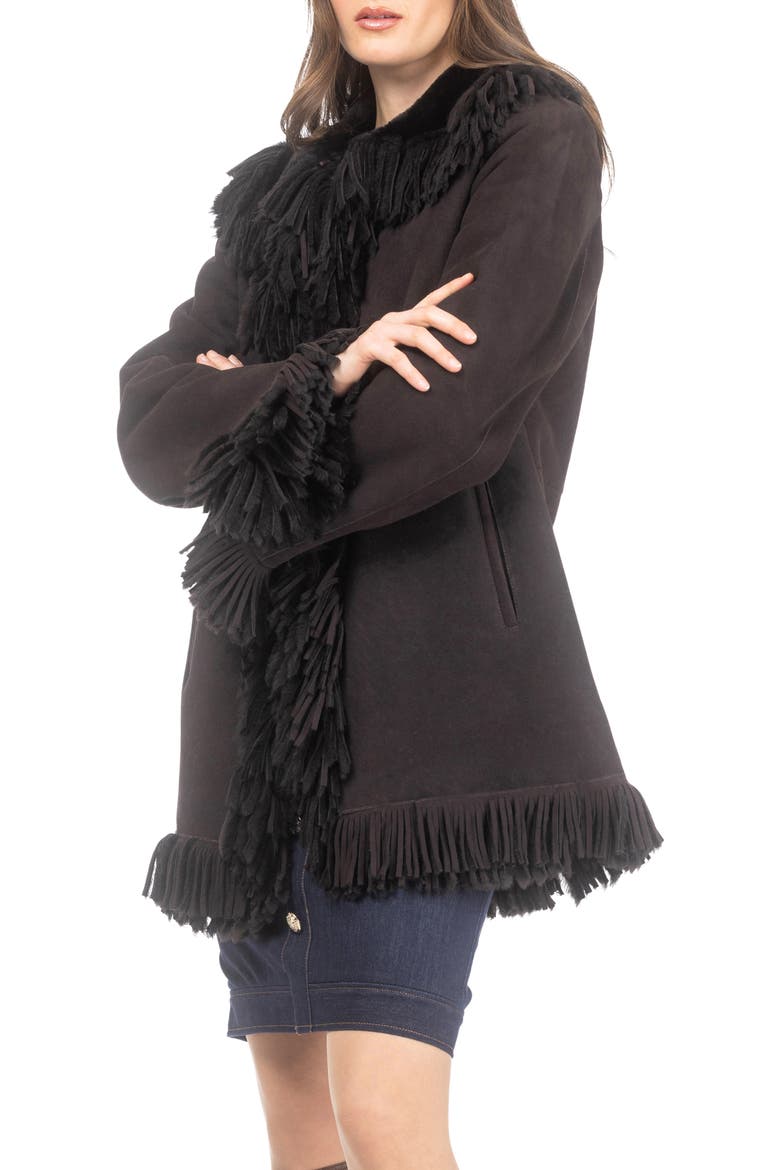 Genuine Shearling Lamb Jacket, Fringes, Alternate, color, Dark Brown