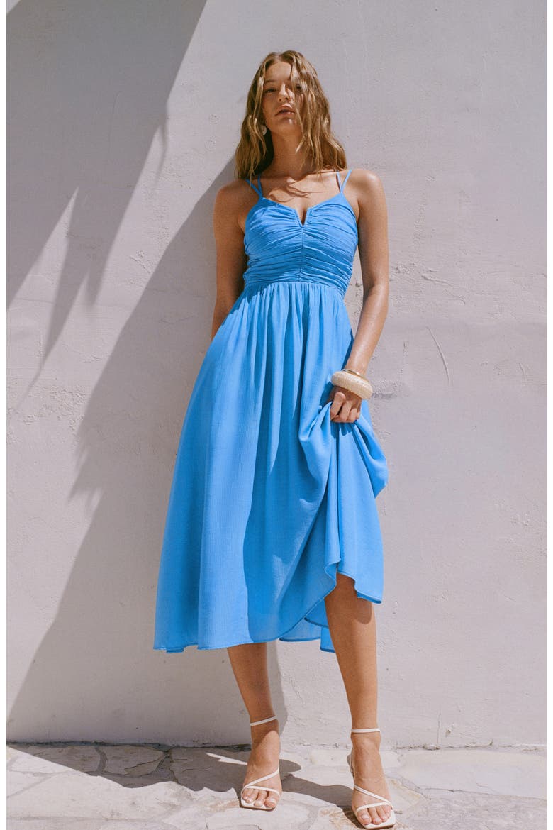 Shirred Strapless Midi Dress, Alternate, color, LIGHT BLUE