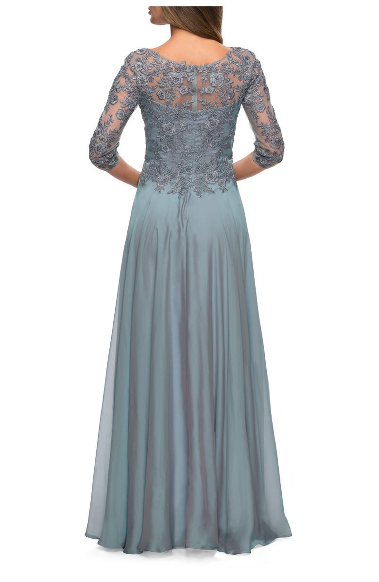 La Femme Chiffon Three Quarter Sleeve Dress with V-Neckline, Alternate, color, Slate Blue