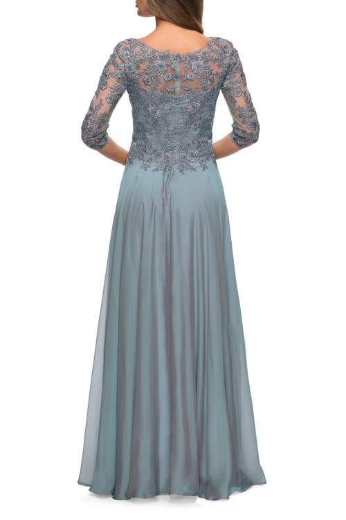 La Femme Chiffon Three Quarter Sleeve Dress With V-neckline In Blue