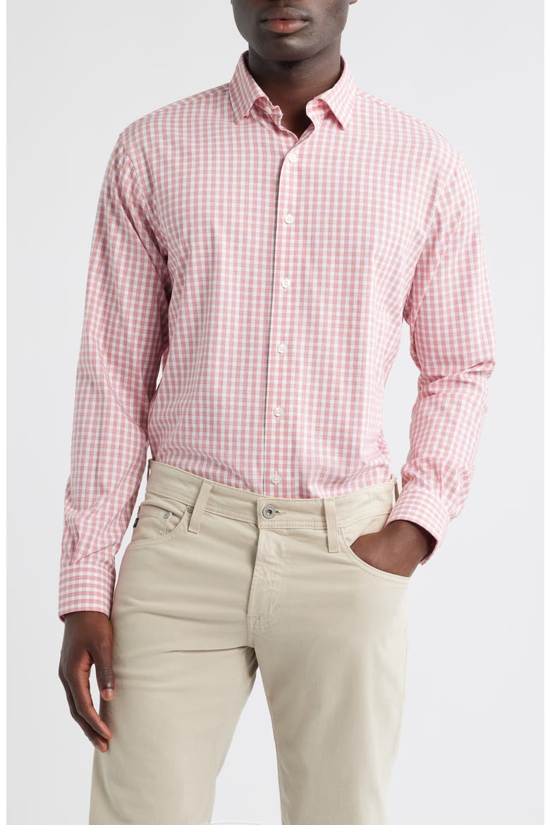 Westwood Plaid Button-Up Shirt, Main, color, LOBSTER