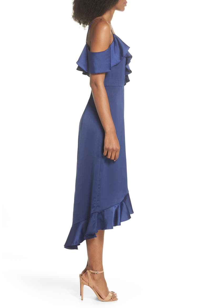 Faux Wrap Satin Ruffle Dress, Alternate, color, NAVY