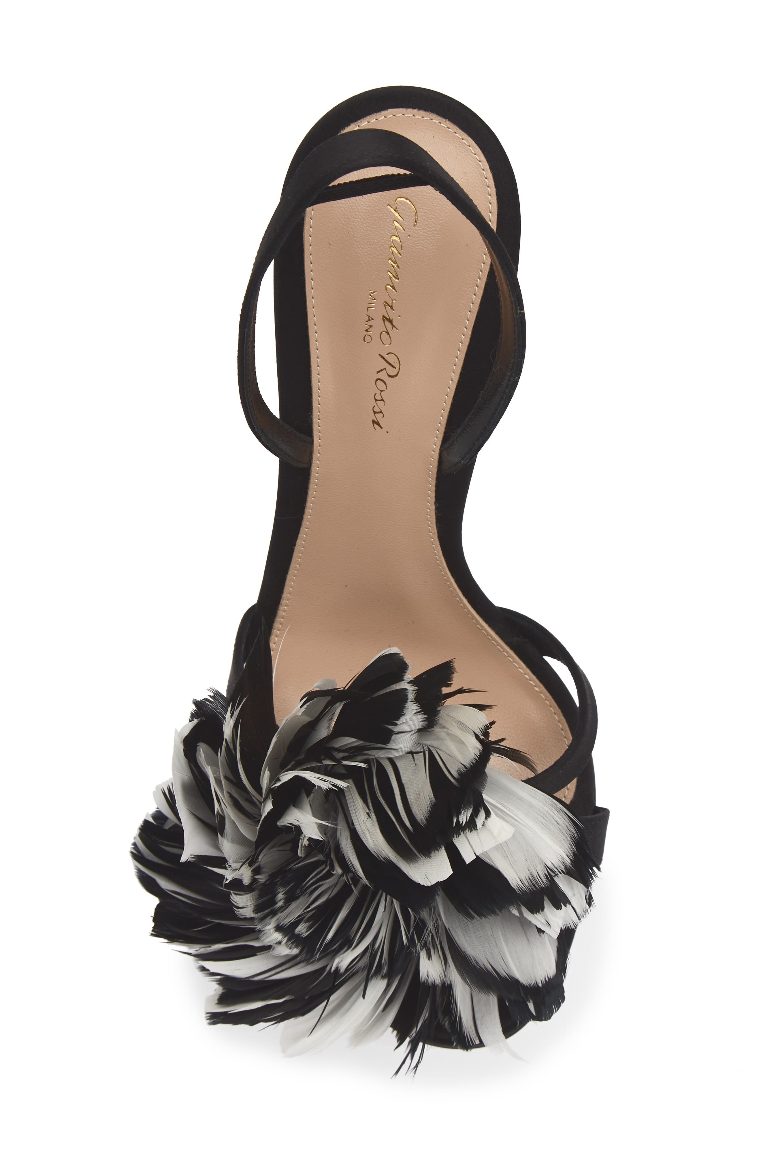 Fenice Satin & Feather Slingback Sandal, Alternate, color, BLACK WHITE