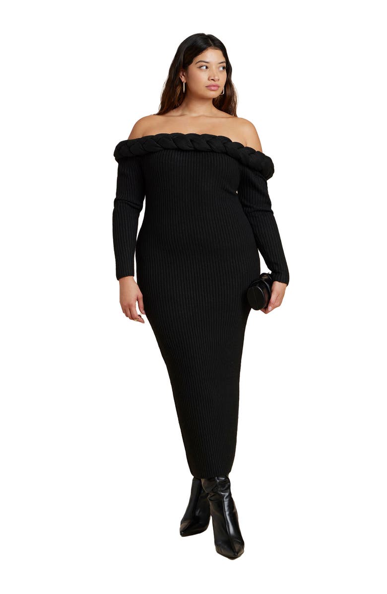 ELOQUII Cableknit Off Shoulder Maxi Dress, Main, color, Black Onyx