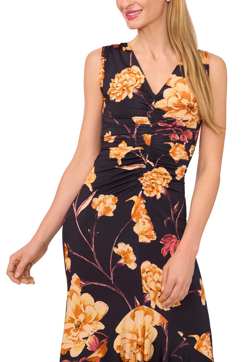 Floral Center Ruched Sleeveless Maxi Dress, Alternate, color, BARITONE BLUE