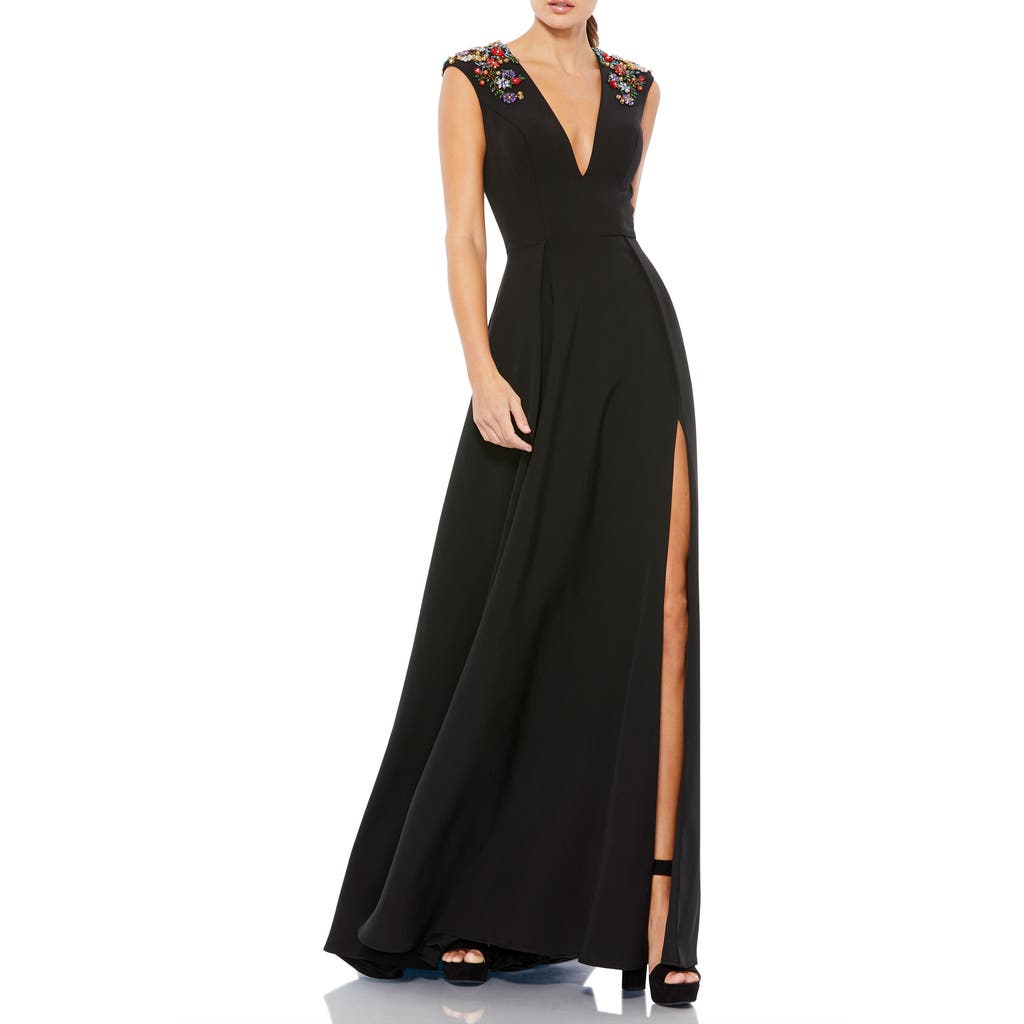 Mac Duggal Beaded Cap Sleeve V Neck A Line Gown In Black
