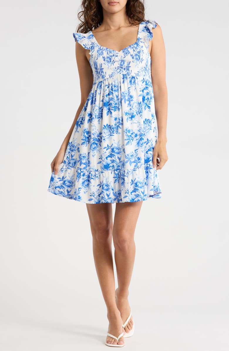 Madden Girl Floral Ruffle Smocked Tiered Minidress, Main, color, White Blue