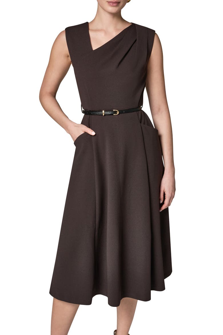 Belted Draped Asymmetric Dress, Alternate, color, ESPRESSO