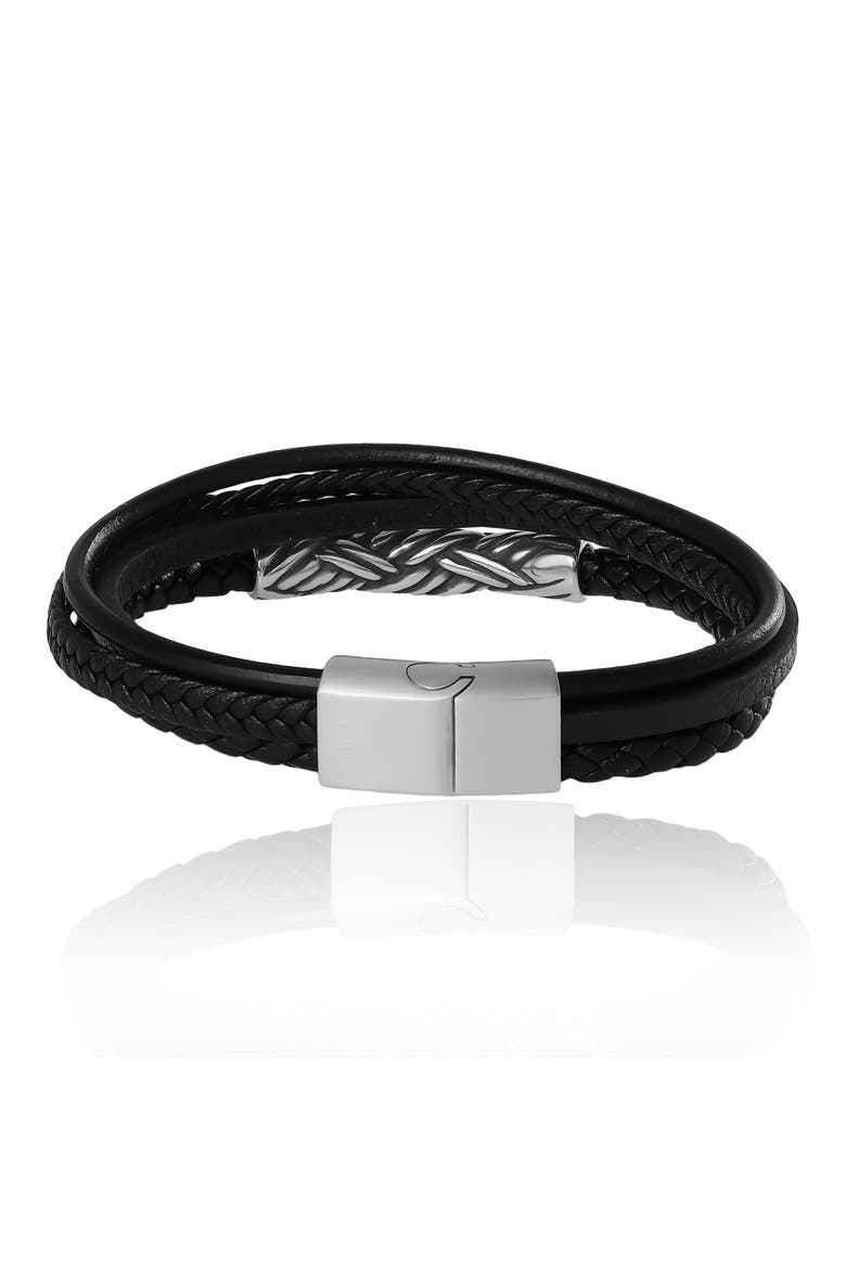 Men's Multi-Row 8'' Bracelet with Braided Barrel, Black, Magnetic Clasp, Alternate, color, Black