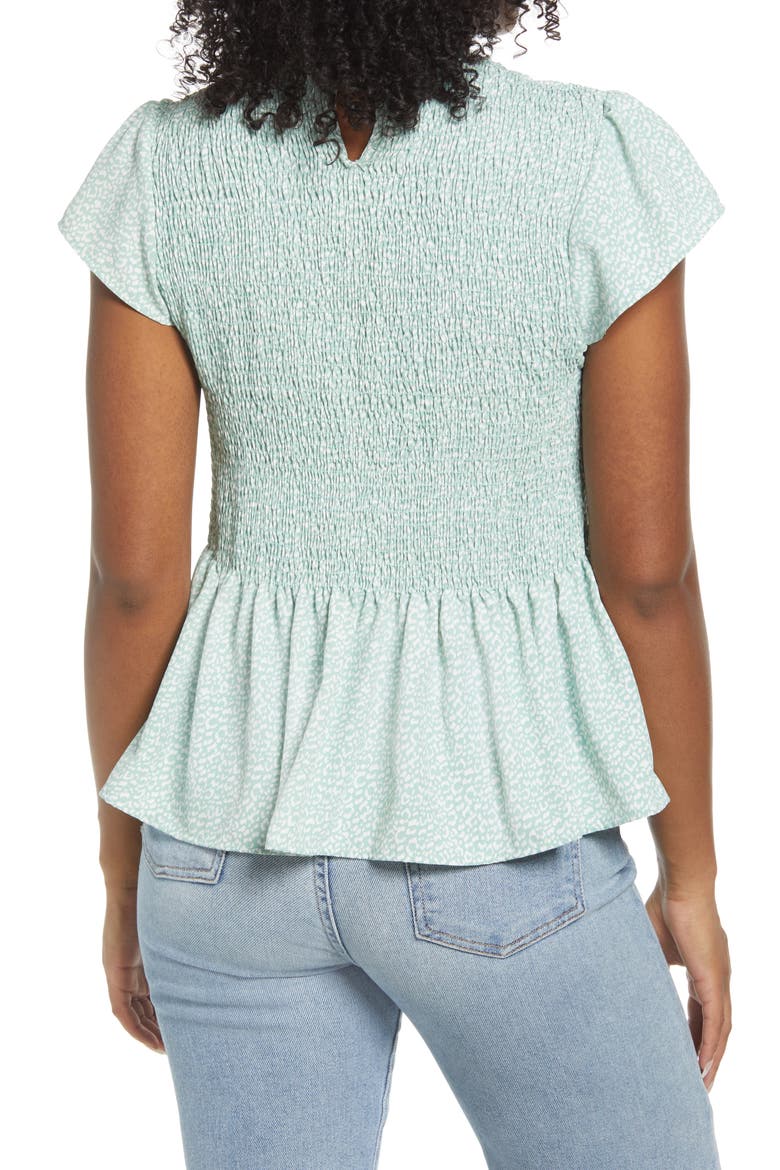 Smocked Detail Peplum Top, Alternate, color, SAGE ABSTRACT ANIMAL