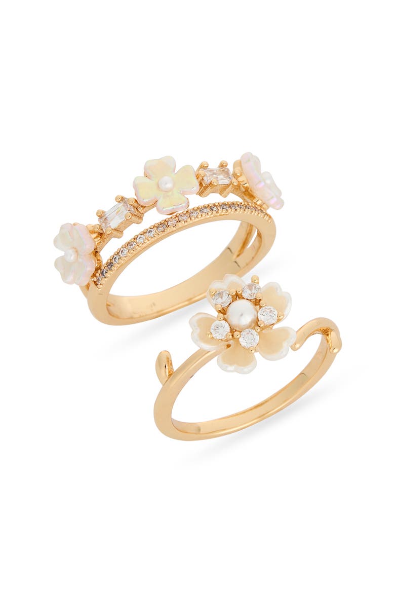 Set of 2 Pearl Floral Rings, Main, color, CLEAR- WHITE- GOLD