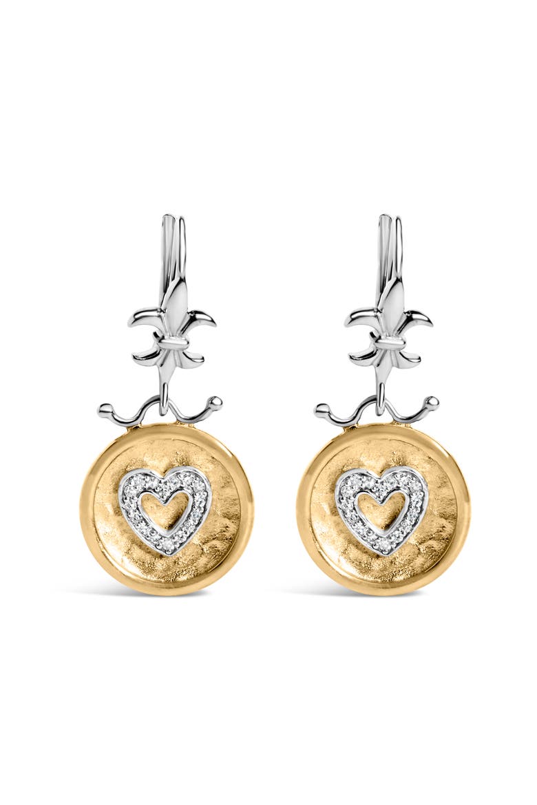 18K Yellow Gold Plated Silver 1/8 Ct Diamond Medallion Heart Dangle Earrings, Main, color, Yellow