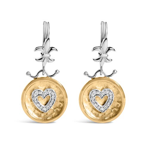 18K Yellow Gold Plated Silver 1/8 Ct Diamond Medallion Heart Dangle Earrings