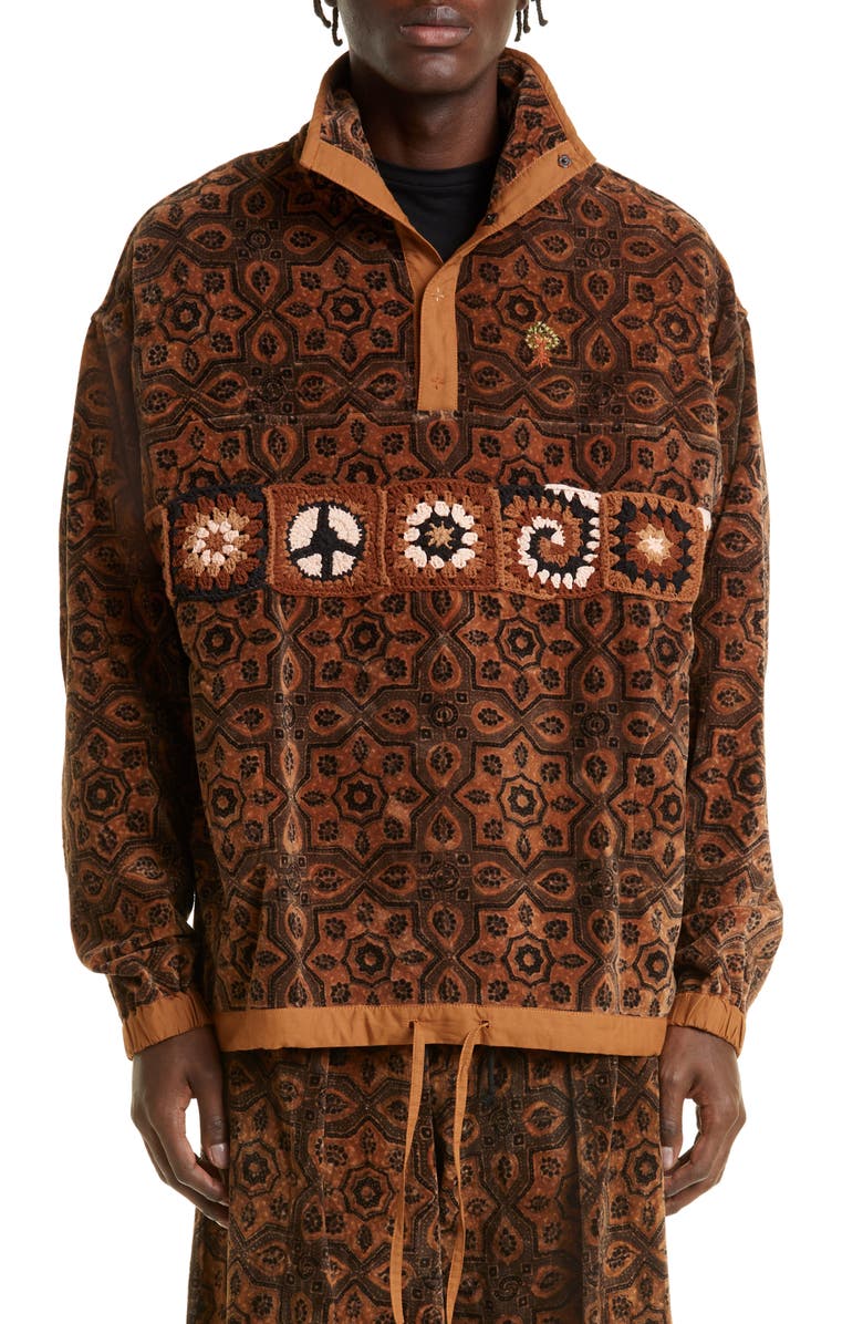 Story mfg. Polite Crochet Detail Organic Cotton Velvet Pullover, Main, color, 