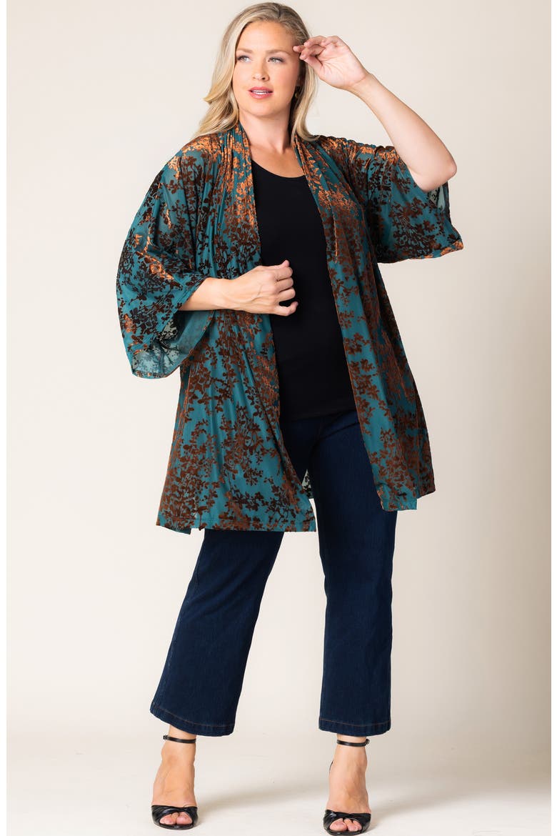 Dahlia Burnout Velvet Cardigan, Alternate, color, TEAL BURNISHED BRANCHES