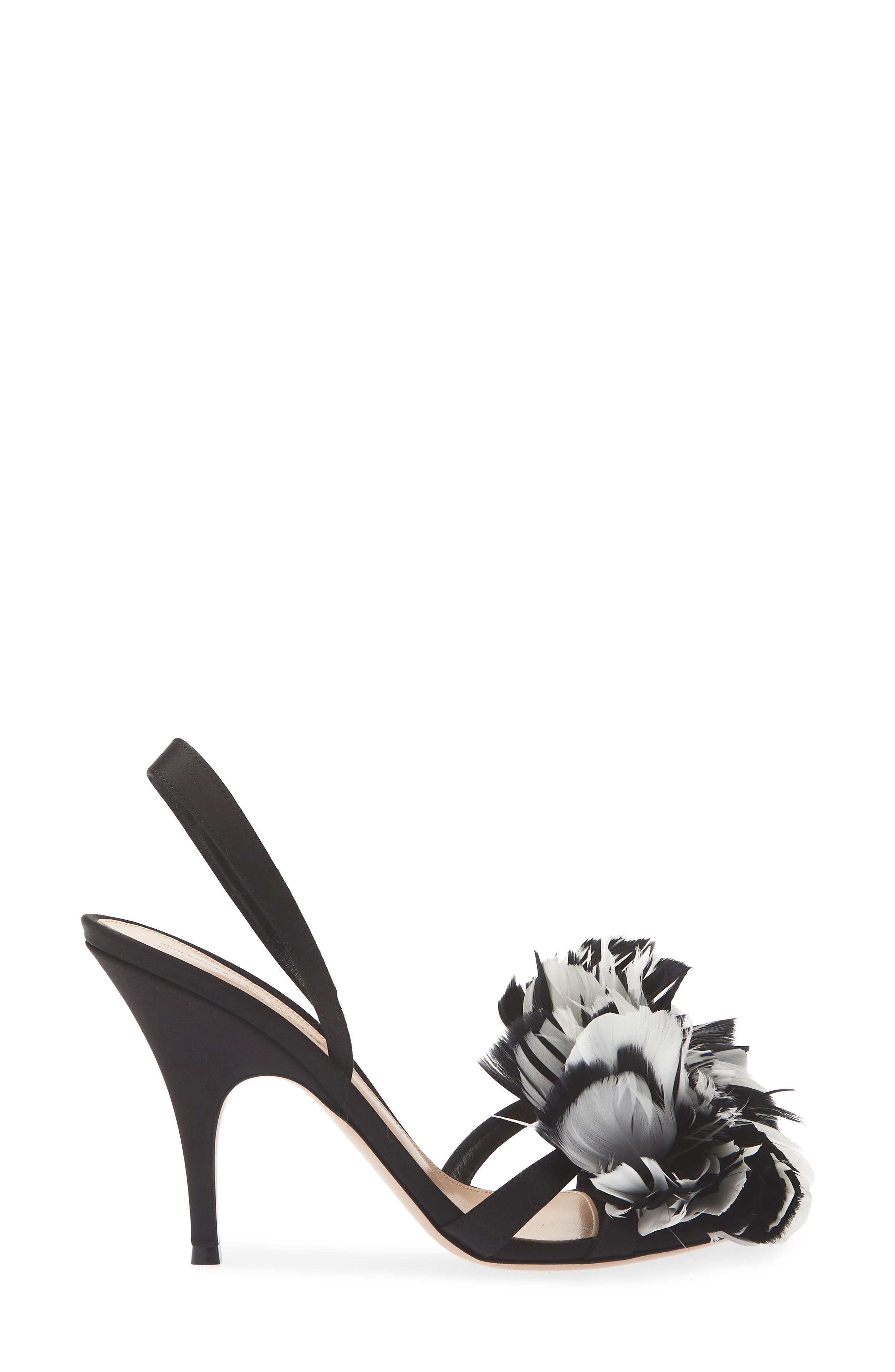 Fenice Satin & Feather Slingback Sandal, Alternate, color, BLACK WHITE